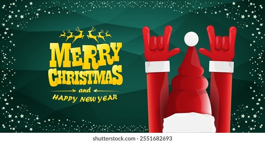 Merry christmas horizontal banner with Santa Claus rock n roll style and santa red hat isolated on green background with stars. Merry Christmas hipster Rock n roll party poster, flyer design template.