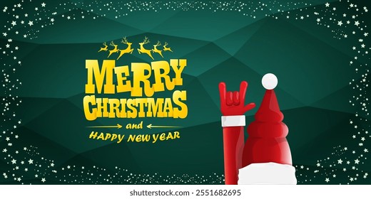 Merry christmas horizontal banner with Santa Claus rock n roll style and santa red hat isolated on green background with stars. Merry Christmas hipster Rock n roll party poster, flyer design template.