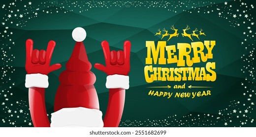 Merry christmas horizontal banner with Santa Claus rock n roll style and santa red hat isolated on green background with stars. Merry Christmas hipster Rock n roll party poster, flyer design template.