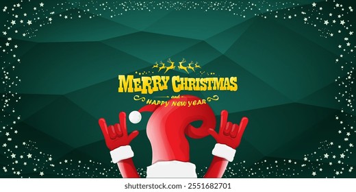 Merry christmas horizontal banner with Santa Claus rock n roll style and santa red hat isolated on green background with stars. Merry Christmas hipster Rock n roll party poster, flyer design template.