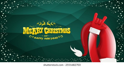 Merry christmas horizontal banner with Santa Claus rock n roll style and santa red hat isolated on green background with stars. Merry Christmas hipster Rock n roll party poster, flyer design template.