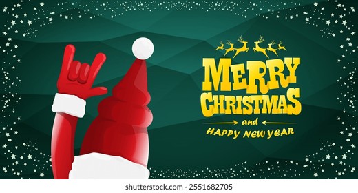 Merry christmas horizontal banner with Santa Claus rock n roll style and santa red hat isolated on green background with stars. Merry Christmas hipster Rock n roll party poster, flyer design template.