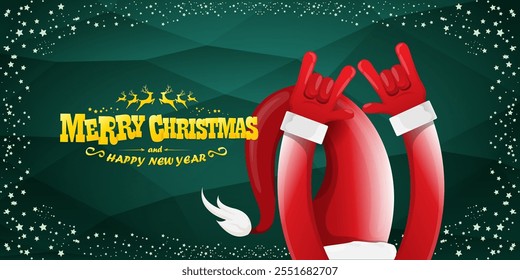 Merry christmas horizontal banner with Santa Claus rock n roll style and santa red hat isolated on green background with stars. Merry Christmas hipster Rock n roll party poster, flyer design template.