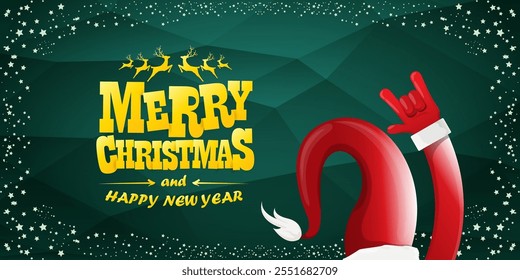 Merry christmas horizontal banner with Santa Claus rock n roll style and santa red hat isolated on green background with stars. Merry Christmas hipster Rock n roll party poster, flyer design template.