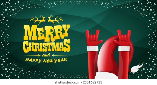 Merry christmas horizontal banner with Santa Claus rock n roll style and santa red hat isolated on green background with stars. Merry Christmas hipster Rock n roll party poster, flyer design template.