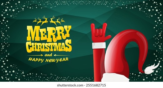 Merry christmas horizontal banner with Santa Claus rock n roll style and santa red hat isolated on green background with stars. Merry Christmas hipster Rock n roll party poster, flyer design template.