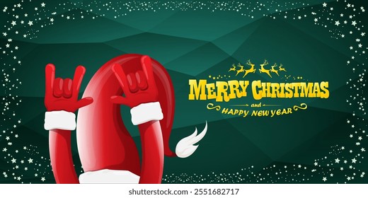 Merry christmas horizontal banner with Santa Claus rock n roll style and santa red hat isolated on green background with stars. Merry Christmas hipster Rock n roll party poster, flyer design template.