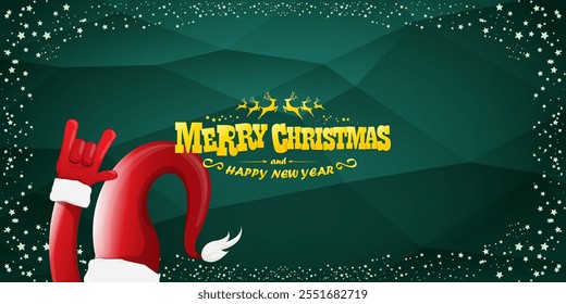 Merry christmas horizontal banner with Santa Claus rock n roll style and santa red hat isolated on green background with stars. Merry Christmas hipster Rock n roll party poster, flyer design template.