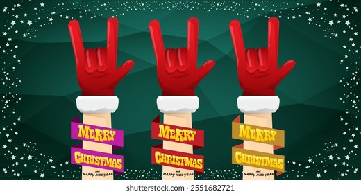 Merry christmas horizontal banner with Santa Claus rock n roll style and santa red hat isolated on green background with stars. Merry Christmas hipster Rock n roll party poster, flyer design template.