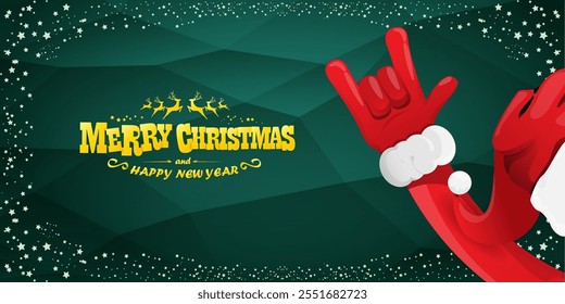 Merry christmas horizontal banner with Santa Claus rock n roll style and santa red hat isolated on green background with stars. Merry Christmas hipster Rock n roll party poster, flyer design template.