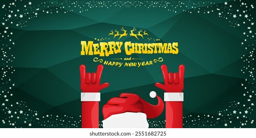 Merry christmas horizontal banner with Santa Claus rock n roll style and santa red hat isolated on green background with stars. Merry Christmas hipster Rock n roll party poster, flyer design template.