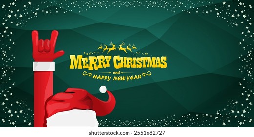 Merry christmas horizontal banner with Santa Claus rock n roll style and santa red hat isolated on green background with stars. Merry Christmas hipster Rock n roll party poster, flyer design template.