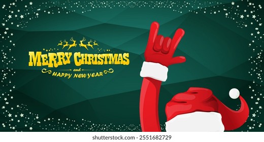 Merry christmas horizontal banner with Santa Claus rock n roll style and santa red hat isolated on green background with stars. Merry Christmas hipster Rock n roll party poster, flyer design template.