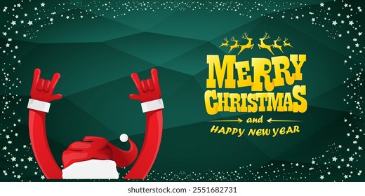 Merry christmas horizontal banner with Santa Claus rock n roll style and santa red hat isolated on green background with stars. Merry Christmas hipster Rock n roll party poster, flyer design template.