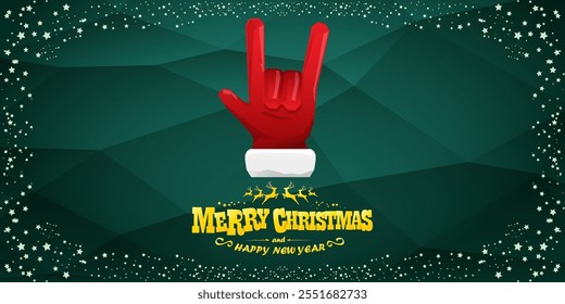 Merry christmas horizontal banner with Santa Claus rock n roll style and santa red hat isolated on green background with stars. Merry Christmas hipster Rock n roll party poster, flyer design template.