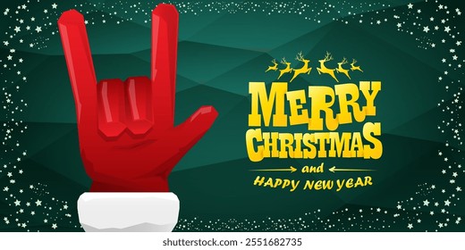 Merry christmas horizontal banner with Santa Claus rock n roll style and santa red hat isolated on green background with stars. Merry Christmas hipster Rock n roll party poster, flyer design template.