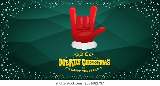 Merry christmas horizontal banner with Santa Claus rock n roll style and santa red hat isolated on green background with stars. Merry Christmas hipster Rock n roll party poster, flyer design template.