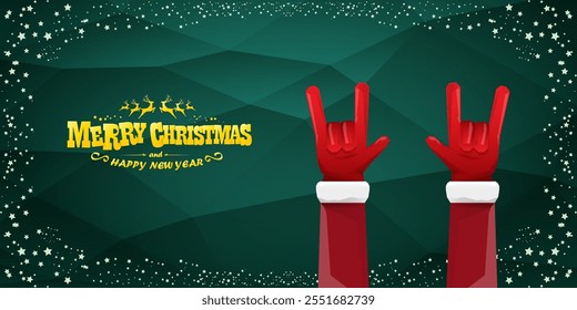 Merry christmas horizontal banner with Santa Claus rock n roll style and santa red hat isolated on green background with stars. Merry Christmas hipster Rock n roll party poster, flyer design template.