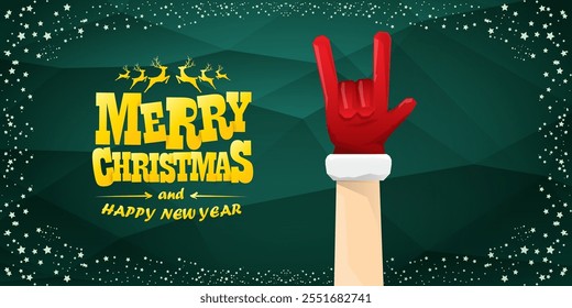 Merry christmas horizontal banner with Santa Claus rock n roll style and santa red hat isolated on green background with stars. Merry Christmas hipster Rock n roll party poster, flyer design template.