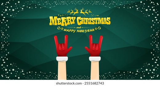 Merry christmas horizontal banner with Santa Claus rock n roll style and santa red hat isolated on green background with stars. Merry Christmas hipster Rock n roll party poster, flyer design template.