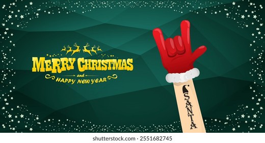 Merry christmas horizontal banner with Santa Claus rock n roll style and santa red hat isolated on green background with stars. Merry Christmas hipster Rock n roll party poster, flyer design template.