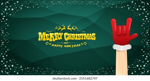 Merry christmas horizontal banner with Santa Claus rock n roll style and santa red hat isolated on green background with stars. Merry Christmas hipster Rock n roll party poster, flyer design template.