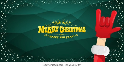 Merry christmas horizontal banner with Santa Claus rock n roll style and santa red hat isolated on green background with stars. Merry Christmas hipster Rock n roll party poster, flyer design template.