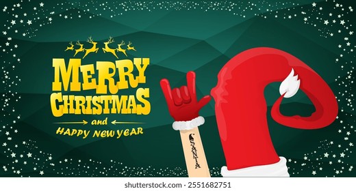 Merry christmas horizontal banner with Santa Claus rock n roll style and santa red hat isolated on green background with stars. Merry Christmas hipster Rock n roll party poster, flyer design template.