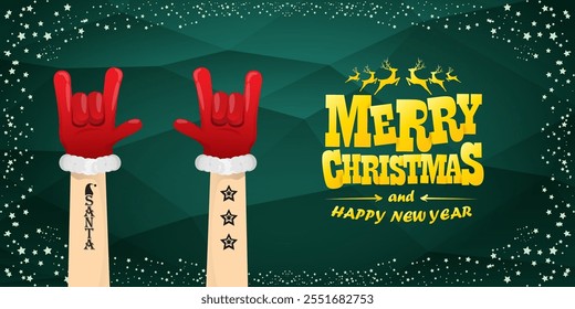 Merry christmas horizontal banner with Santa Claus rock n roll style and santa red hat isolated on green background with stars. Merry Christmas hipster Rock n roll party poster, flyer design template.