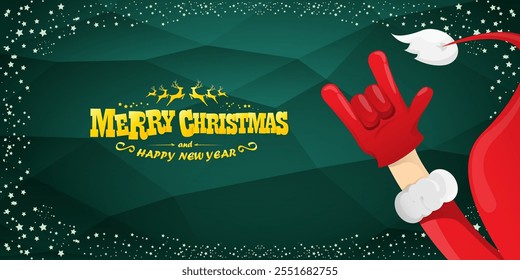 Merry christmas horizontal banner with Santa Claus rock n roll style and santa red hat isolated on green background with stars. Merry Christmas hipster Rock n roll party poster, flyer design template.