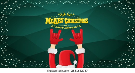 Merry christmas horizontal banner with Santa Claus rock n roll style and santa red hat isolated on green background with stars. Merry Christmas hipster Rock n roll party poster, flyer design template.