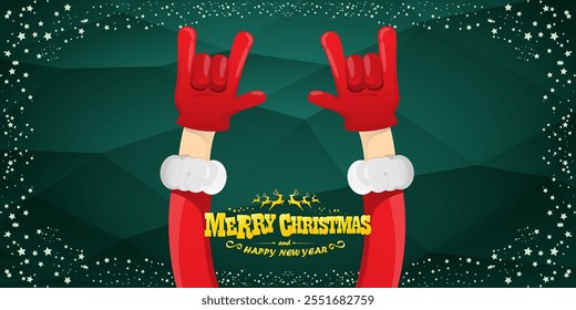 Merry christmas horizontal banner with Santa Claus rock n roll style and santa red hat isolated on green background with stars. Merry Christmas hipster Rock n roll party poster, flyer design template.