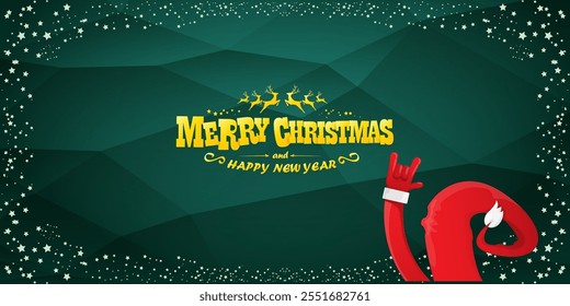 Merry christmas horizontal banner with Santa Claus rock n roll style and santa red hat isolated on green background with stars. Merry Christmas hipster Rock n roll party poster, flyer design template.