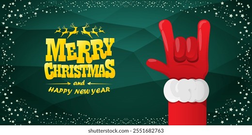 Merry christmas horizontal banner with Santa Claus rock n roll style and santa red hat isolated on green background with stars. Merry Christmas hipster Rock n roll party poster, flyer design template.