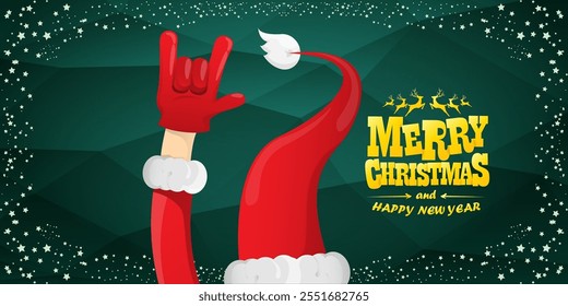 Merry christmas horizontal banner with Santa Claus rock n roll style and santa red hat isolated on green background with stars. Merry Christmas hipster Rock n roll party poster, flyer design template.