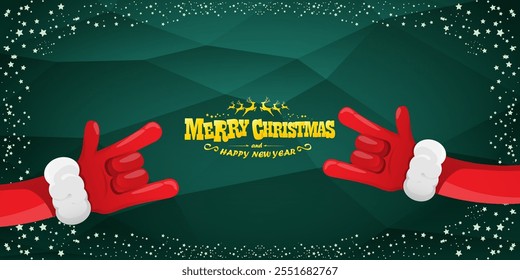 Merry christmas horizontal banner with Santa Claus rock n roll style and santa red hat isolated on green background with stars. Merry Christmas hipster Rock n roll party poster, flyer design template.