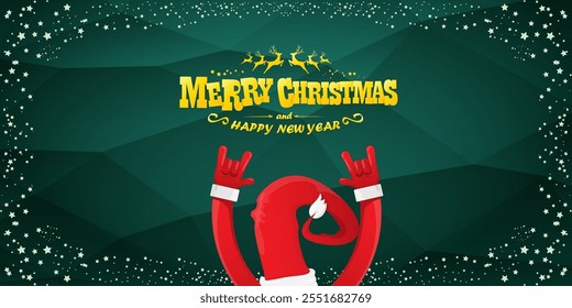 Merry christmas horizontal banner with Santa Claus rock n roll style and santa red hat isolated on green background with stars. Merry Christmas hipster Rock n roll party poster, flyer design template.