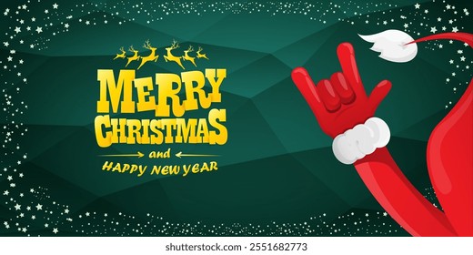 Merry christmas horizontal banner with Santa Claus rock n roll style and santa red hat isolated on green background with stars. Merry Christmas hipster Rock n roll party poster, flyer design template.