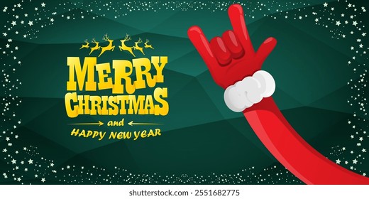 Merry christmas horizontal banner with Santa Claus rock n roll style and santa red hat isolated on green background with stars. Merry Christmas hipster Rock n roll party poster, flyer design template.