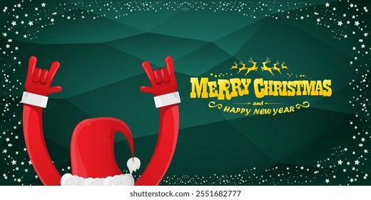 Merry christmas horizontal banner with Santa Claus rock n roll style and santa red hat isolated on green background with stars. Merry Christmas hipster Rock n roll party poster, flyer design template.