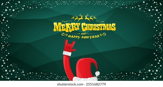 Merry christmas horizontal banner with Santa Claus rock n roll style and santa red hat isolated on green background with stars. Merry Christmas hipster Rock n roll party poster, flyer design template.