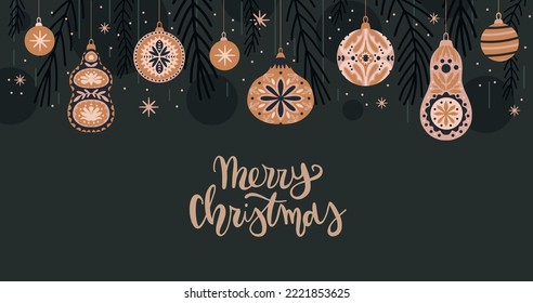 Merry Christmas horizontal banner in Scandinavian style. Retro ornamental traditional Christmas baubles. Hand drawn winter Holidays greeting background 