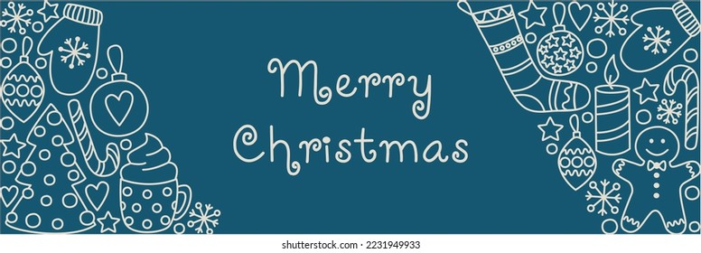 Merry Christmas horizontal banner. Christmas tree, Christmas decorations, cocoa, gingerbread, lollipop, mittens, sock, candle, snowflakes, stars. Vector illustration