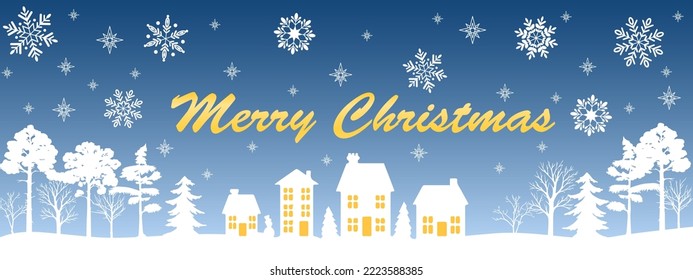 Merry Christmas horizontal banner with christmas trees, snowflakes, stars, houses.