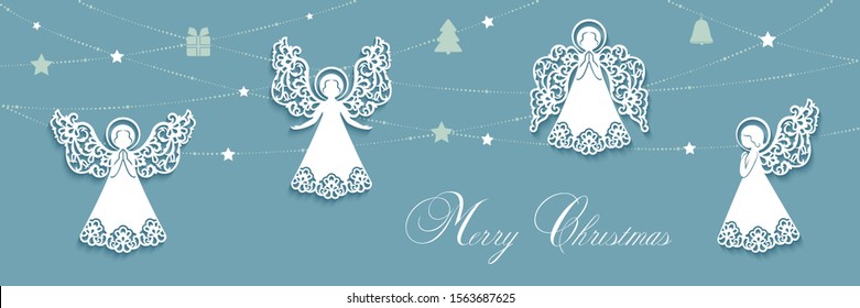 Merry Christmas horizontal banner with white angels isolated on a cyan background. Garland with stars, gifts, Christmas tree, bell.  Holiday vector illustration with paper cut angels.