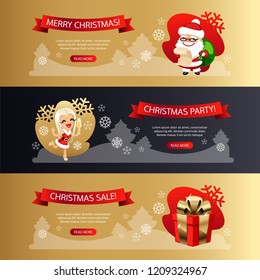 Merry Christmas horizontal banners set on golden or dark background. Happy New Year winter posters. Clipping paths included.