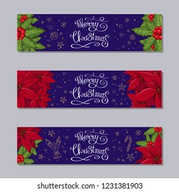 Merry Christmas horizontal banners set with traditional homeplant poinsettia and holly plant. Retro style. New year season design. Green, red, purple color, hand drawn. Vector illustration.