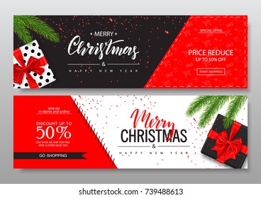 Merry Christmas Horizontal Banners Set With gift boxes. Vector Illustration. Happy New Year Concept. Season sale. Concept for web banners and promotional materials