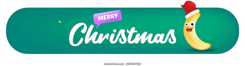 Botão horizontal Feliz Natal e banner com engraçado personagem de banana de desenho animado vestindo chapéu vermelho Santa isolado no fundo verde. Verde Engraçado e bonito cartão de Natal e botão com sorrindo Banana