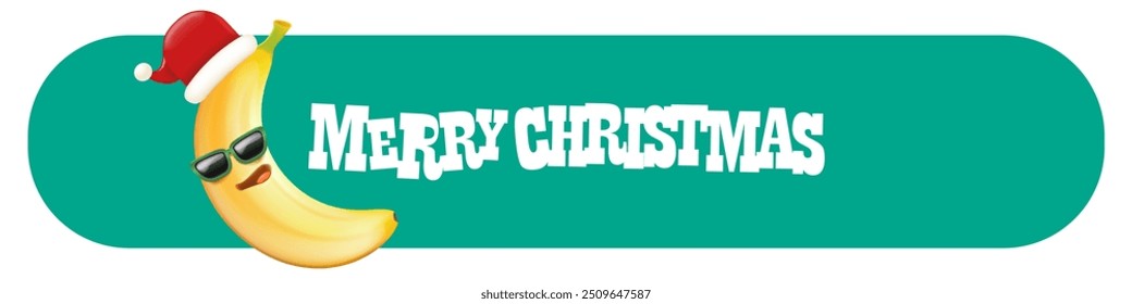 Merry Christmas horizontal button and banner with funny cartoon banana character wearing santa red hat isolated on green background. Green Funny and cute Christmas card and button with smiling Banana